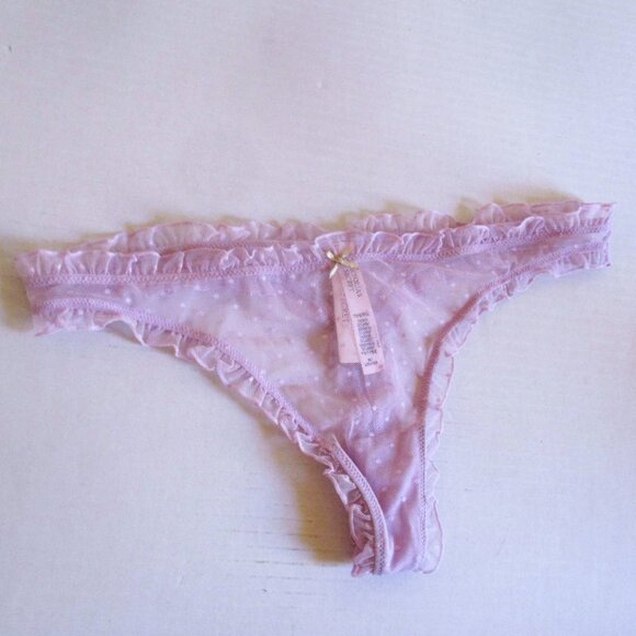 VICTORIA'S SECRET Ruffle Thong Panty M L XL Polka Dot Lavender Mesh Gold Bow - Picture 2 of 8